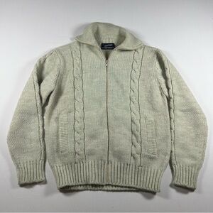 Vintage 70s Puritan Sweater Mens S LambsWool Cable Knit Full Zip Cardigan Green
